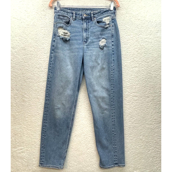 American Eagle Jeans Womens 6 Blue Mom Straight Jean Distressed Denim High Rise - Picture 1 of 13